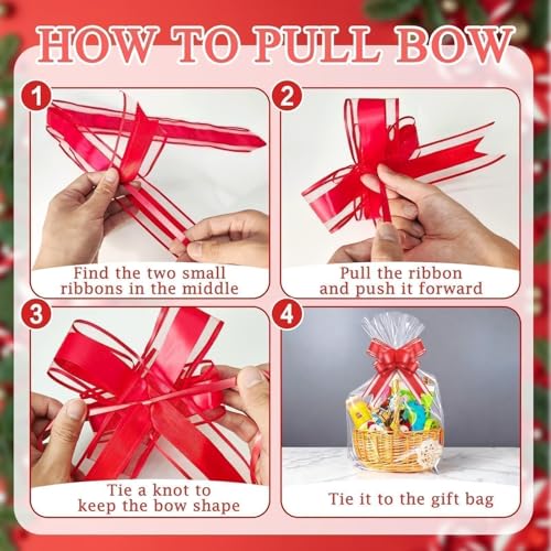 PigPotParty 24x30 Inch Large Cellophane Bags for Gift Baskets with Red Ribbon Bows, 10 Pack Clear Plastic Basket Wrap with...