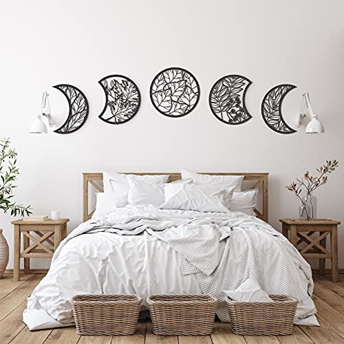 Jetec 5 Pcs Moon Phase Wall Art Decor Wall Pediments Hanging Wooden Phase Spiritual Bedroom Nordic Boho Lunar Aesthetic Ar...