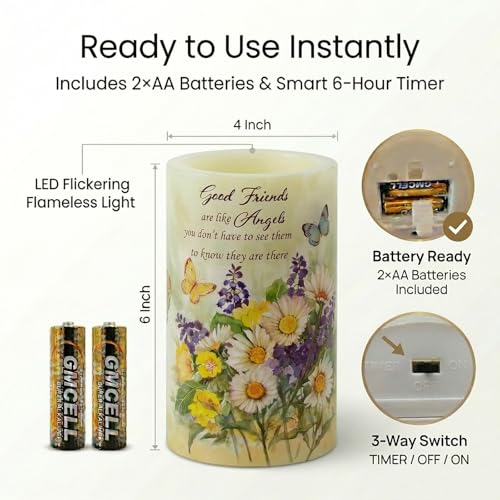 Real Wax Flameless Candles 4x6, Butterfly Daisy LED Pillar Candle with Timer, Battery Operated Flickering Candle, Spring F...