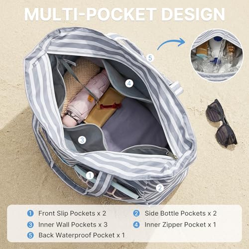 G4Free XL Beach Bag Waterproof Sandproof, Large Foldable Beach Tote with Zipper for Women, Pool Travel Swim Grocery Tote Bag