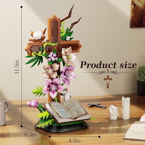 Cross Flower Building Set, Religious Cross Collectibles Compatible with Lego Jesus Catholic Building Toys, Easter, Christi...