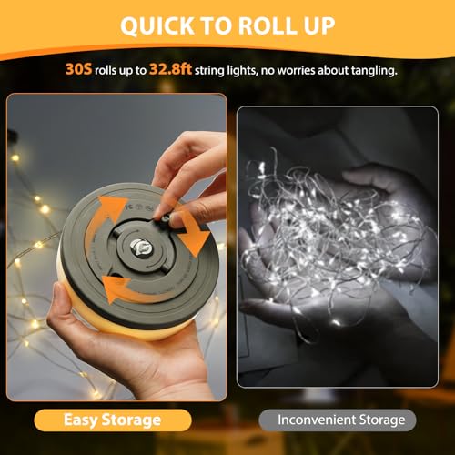 Camping String Lights, 4 in 1 Quick Storage 32.8FT Rechargeable Tent Lights with 9 Lighting Modes, Hanging Waterproof Port...