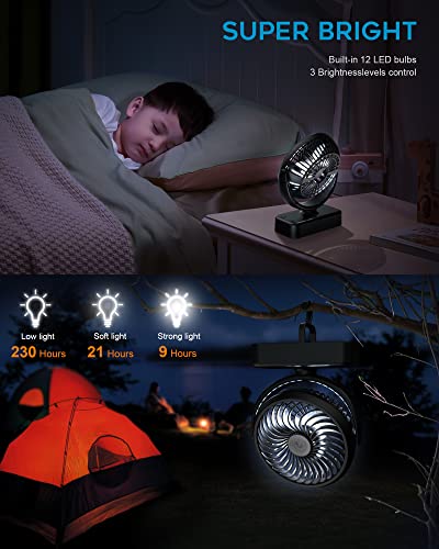 REENUO Portable Camping Fan, Small Tent Fan with Hanging Hook, 40 Working Hours Rechargeable USB Battery Fan with LED Ligh...