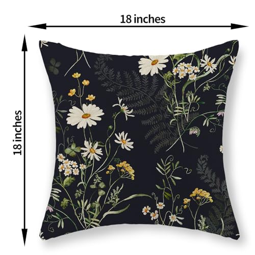 GOLIANDA Black Pillow Covers 18x18 Inch Set of 2 Sage Green Spring Floral Throw Pillows Botanical Wildflower Summer Outdoo...