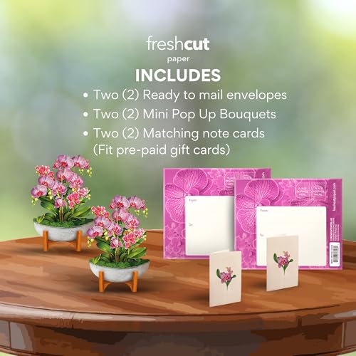 Freshcut Paper Pop Up Cards, Mini Orchid Oasis (Set of 2), 6 Inch Mini Sized Forever Flower Bouquet 3D Popup Greeting Card...