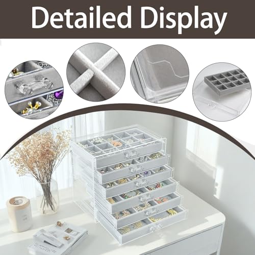 Watpot Acrylic Jewelry Box with 6 Drawers, Clear Earring Storage Organizer Display Case for Women Girls, Gray