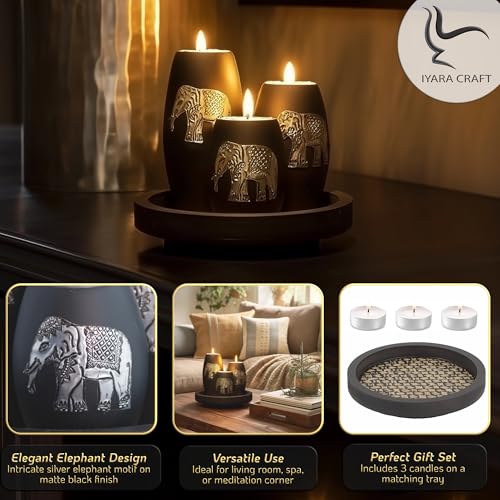 IYARA CRAFT Elephant Candle Holder Set – 3 Handmade Wood Tealight Holders with Tray, Rustic Black Home Décor, Cozy Holiday...