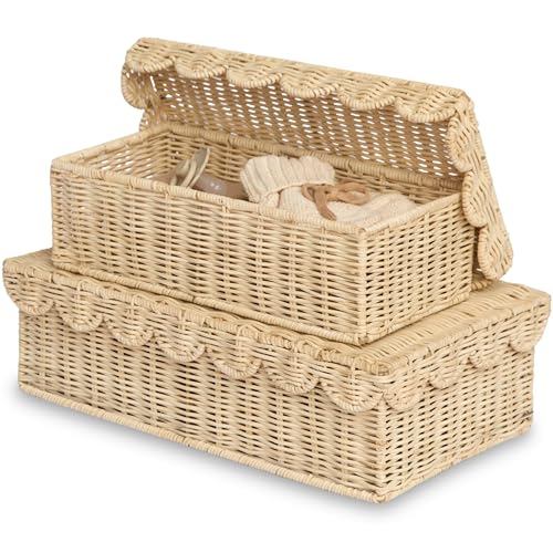 BEBE BASK Handwoven Stackable Decorative Storage Boxes with Lids, Set of 2 (14 × 8 × 4 in) – Scalloped Wicker Basket for H...