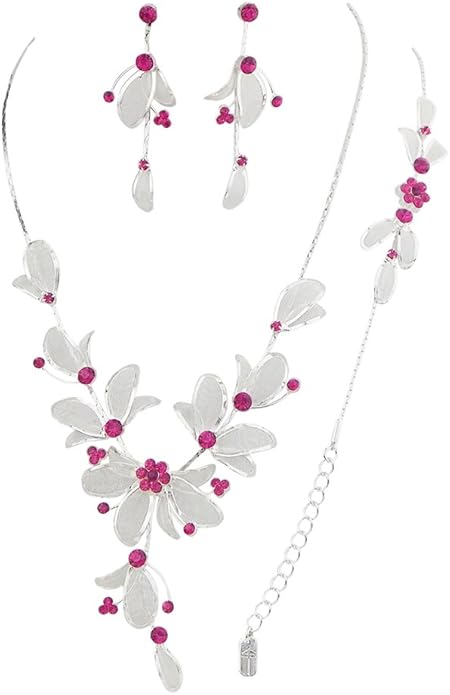 Rosemarie Collections Women's 3 Piece Rhinestone Crystal And Metal Mesh Floral Statement Necklace Bracelet Earring Jewelry...