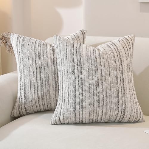 QDTTSRY Chenille Throw Decorative Pillow Covers 20x20 Set of 2, Textured Striped Boho Couch Pillow Covers, Cozy Neutral Fa...