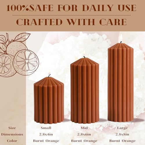 Burnt Orange Ribbed Pillar Candles Set of 3-Spiced Orange,Cinnamon & Clove Scented Soy Wax，Aesthetic Retro Textured Pillar...