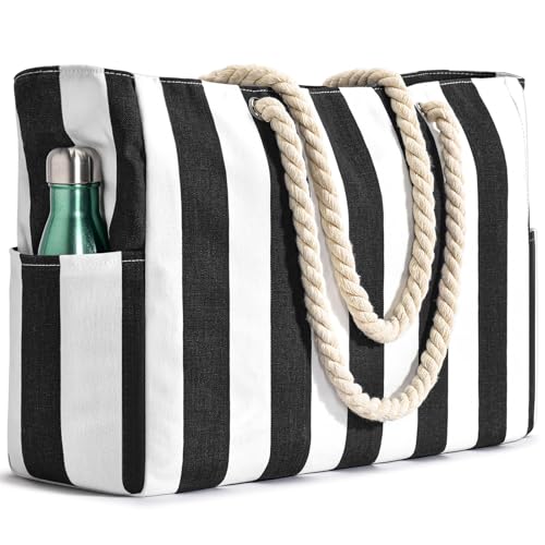 Becokan Women's Pool Swim Bag - Waterproof Sandproof Large Stripe Beach Tote with Zipper
