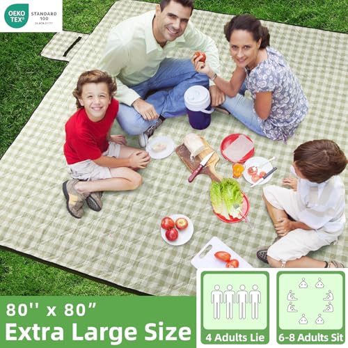 ZAZE Extra Large Picnic Outdoor Blanket, 80''x80'' Waterproof Foldable Blankets Gingham Picnic Mat for Beach, Camping Gras...