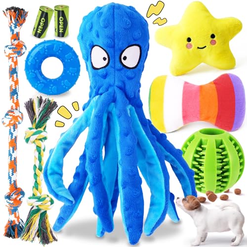 KIPRITII 9-Pack Interactive Puppy Dog Toys for Small Dogs No-Stuffing Squeaky Octopus-Shaped Toy, Cute Plush & Engaging Ch...