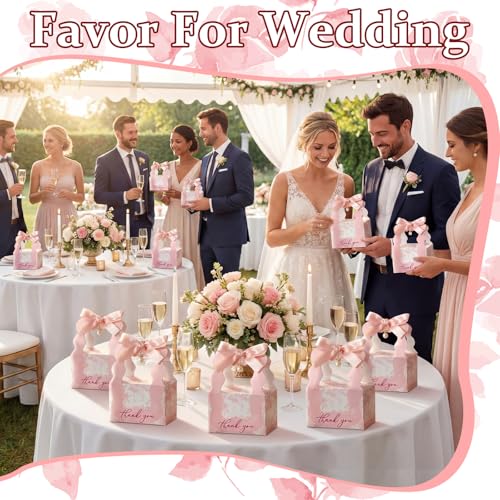 ForraFun 50 Sets Floral Wedding Favor Boxes with Pearl Pendant Bow Ribbon Floral Wedding Party Candy Boxes Bridal Gift for...