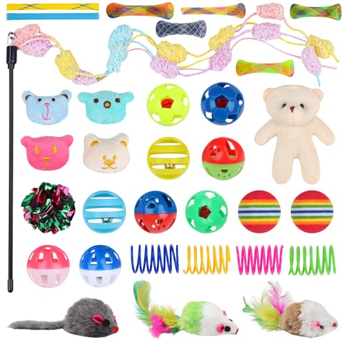 QUOZUO 30 Pcs Cat Toy Kitten Toys Set, Interactive Cat Toy Wand Cat Springs Ball Toy with Bells, Cat Toys for Bored Indoor...