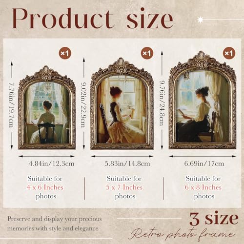 Wonderjune 3 Pcs Vintage Picture Frames Antique Set Baroque Ornate Gold Arched Photo Frames with Glass, Tabletop or Wall f...