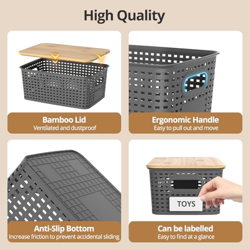 ZFTMRR Plastic Storage Baskets with Bamboo Lids, Stackable Small Box Bins for Organizing and Containers for Shelves Drawer...