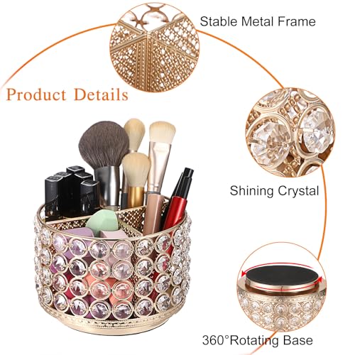 Hipiwe Crystal Vanity Organizer 360 Rotating Makeup Brush Holder Spinning Cosmetic Brushes Display Holder Gold Vanity Stor...