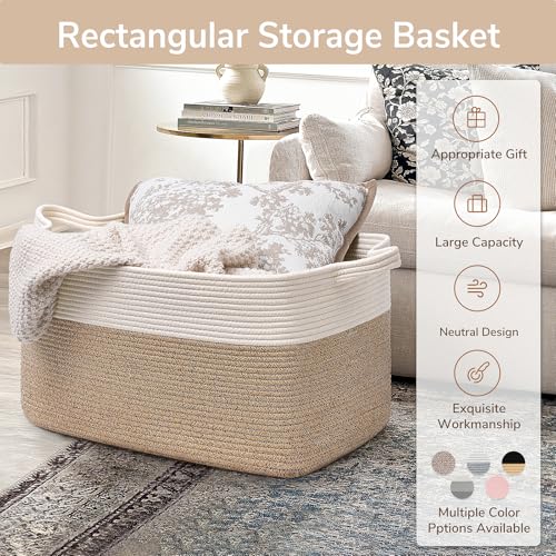 Goodpick Large Woven Blanket Basket, 21.6" x 14.9" x 11.8" Storage Baskets for Organizing, Rectangle Cotton Rope Toy Baske...