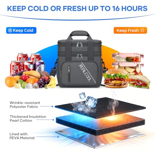 RealCool Lunch Bag, Insulated Lunch Box for Men Women, Double Deck Leakproof Soft Cooler Bag with Adjustable Strap, Reusab...