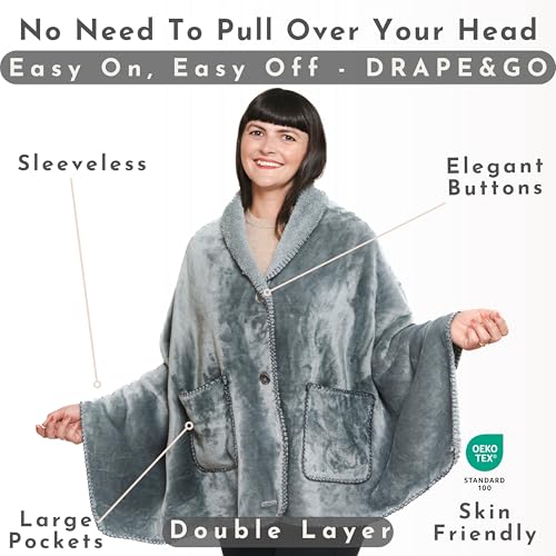 EzrAllora Premium Double Layer Poncho Blanket - No Sleeves Easy On Easy Off- Drape and Go- 2 pockets - Gifts for Grandma (...