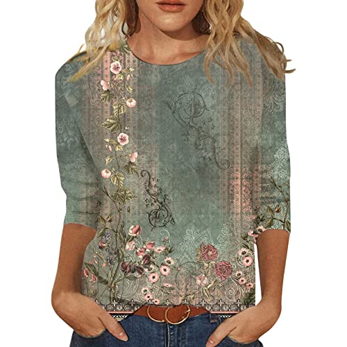 BTCOW Womens Summer Fashion Tops 3/4 Sleeve Round Neck Shirts Casual Print Trendy Three Quarter Length T Shirt