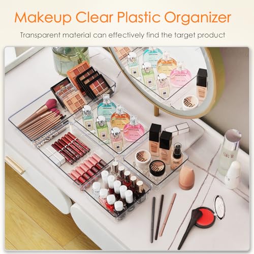 Criusia Drawer Organizer, 10 Pack Large Clear Plastic Set, 3 Size Versatile Bathroom and Vanity Organizer Trays, Storage B...