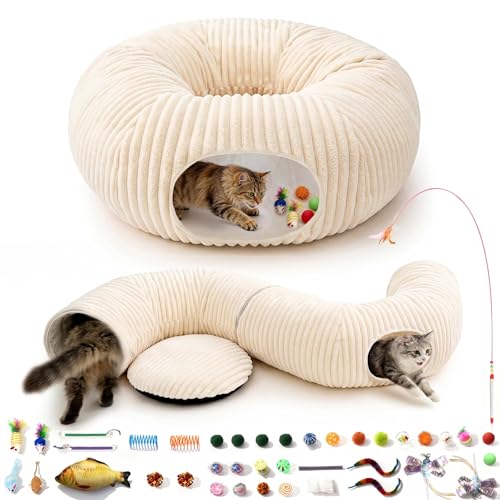 MOYMO Cat Tunnel Bed with 40 Pcs Interactive Cat Toys, Cat Tube with Kitten Toys for Indoor Kittens, Collapsible Play Tunn...
