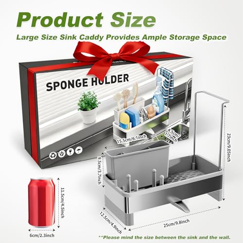 Ewaiira Stainless Steel Sink Caddy, Sponge Holder for Kitchen Sink with Brush Holder Dishcloth Rack, Rustproof Sink Organi...