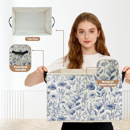 Ghoaoivo Blue and White Floral Storage Box Bins, Chinoiserie Flower Botanical Collapsible Storage Basket Organizer for Bed...