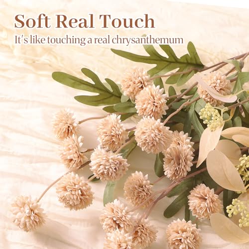 Alupssuc 16PCS Faux Silk Pompon Mums Artificial Flowers with Eucalyptus, Fake Chrysanthemum Floral for DIY Vase Arrangemen...