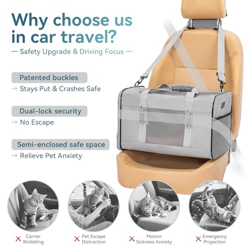 Petsfit Travel Pet Carrier for Large Cats (up to 20 lbs), Soft-Sided Dog Car Travel Carrier with Patented Buckle and Soft ...