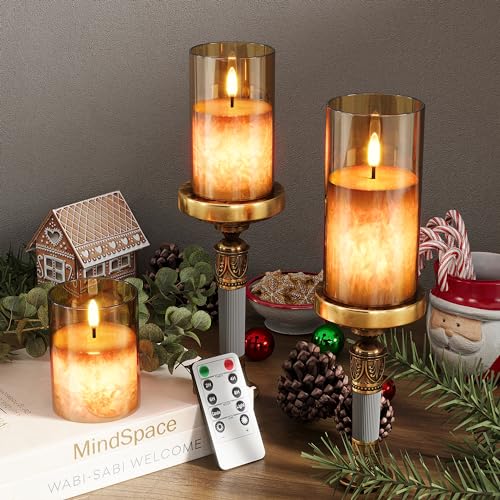 VIODAIM Ice Crystal Real Wax Glass Flameless Candles with Remote & Timer, Battery Operated Candles with Warm Flickering Fl...