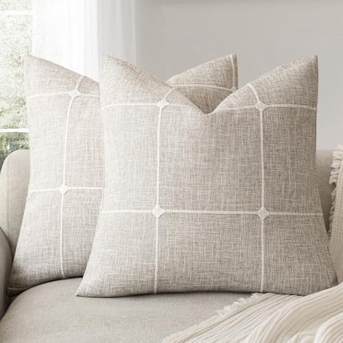 Foindtower Pack of 2 Decorative Faux Linen Jacquard Check Throw Pillow Covers Farmhouse Cushion Cover with Grid Textured A...