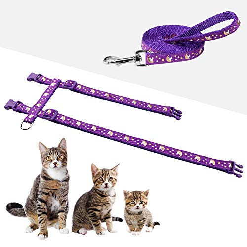 Cat Harness and Leash Set Gold Moons Soft Nylon Escape Proof Adjustable for Kittens Small Animals Glow in The Dark(Purple)