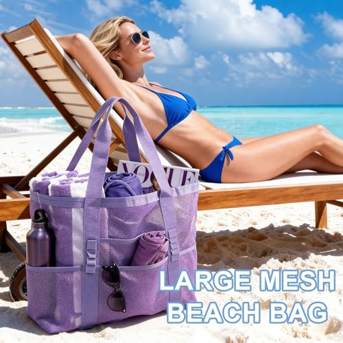 JOYPICKS Mesh Beach Bag-Large Beach Tote for Women Family with Zipper Pocket Toys & Vacation Essentials
