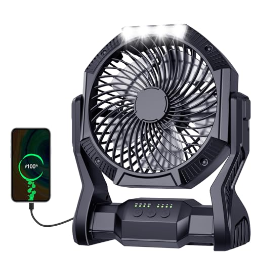 Portable Rechargeable Fan, 20000mAh Battery Powered Camping Fan with LED Light & Hook, 270° Adjustable, 4-Speed,4-Timer Ca...
