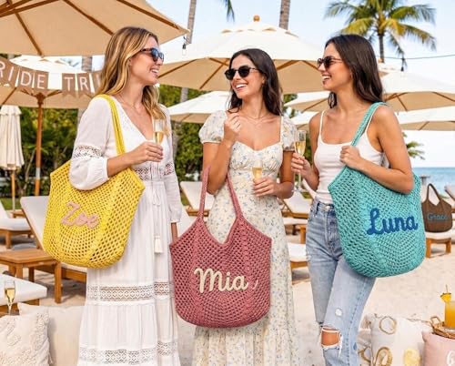 OHWIPI Personalized Crochet Beach Bag for Women, Custom Name Woven Tote Bag, Hand Embroidered Text, Lightweight Summer Bea...