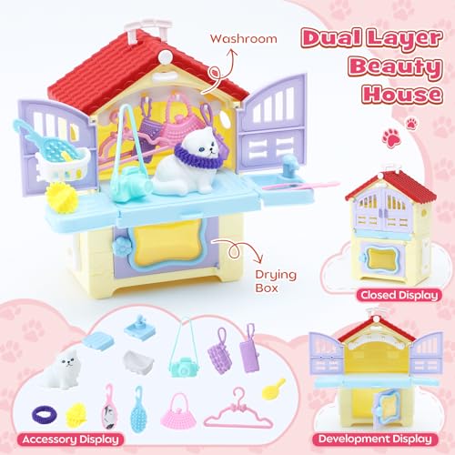 Golray 66Pcs Cat Toys for Kids Girls, 3 In 1 Pet Pretend Play Toys with 9 Cat Figurine/DIY Cat Tree/Beauty House/Playgroun...