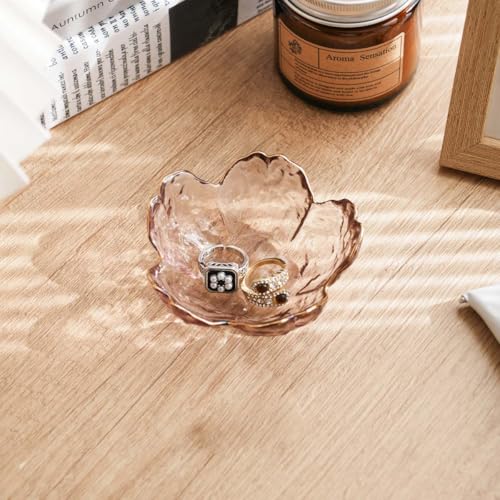 GISK Pink Flower Jewelry Ring Dish Tray,Decorative Glass Trinket Dish,Room Decor Aesthetic, Modern Accent Tray for Vanity(...