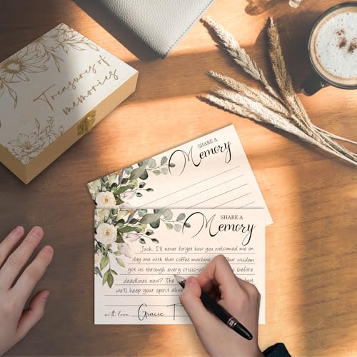 LeFohLon Share a Memory Cards with Box, Funeral Memory Box with 50 Greenery Cards, Wooden Keepsake Holder, Guest Book Idea...