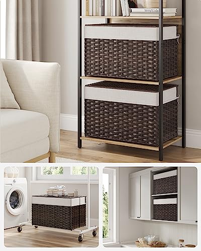 SONGMICS Storage Basket with Lid, Woven Blanket Storage Bin with Handles, Foldable, Removable Liner, Metal Frame, for Bedr...