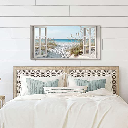 Window Beach Wall Art Prints: Modern Large Tropical Coastal Landscape Canvas Bedroom Blue Ocean Picture Relaxing Living Ro...