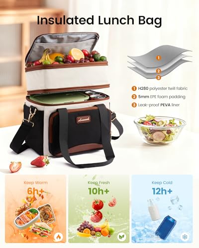LOVEVOOK Insulated Lunch Bag For Women Men,Expandable Double Deck Lunch Box With Large Cup Holder,Leakproof Cooler Bag For...