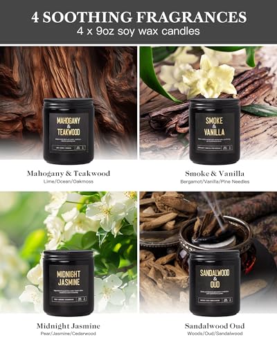 Crackling Wood Wick Candles for Men: 4 Pack 36oz Soy Scented Candles for Home Scented, Up to 200H Burning, Masculine Mens ...