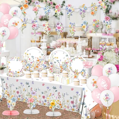 193Pcs Spring Wildflower Party Decorations Include Plates, Napkins, Cups, Balloons, Banner, Tablecloth, Cake Toppers, Hone...