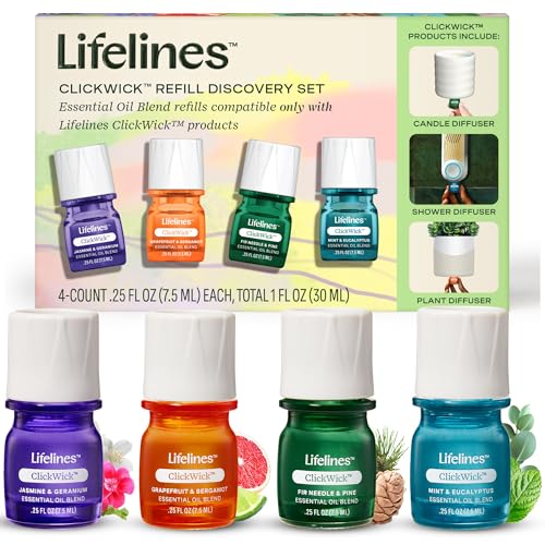 ClickWick Essential Oil Blends for Lifelines Diffusers, 4-Pack Discovery Set - Essential Oil Blend Refill for Candle, Plan...