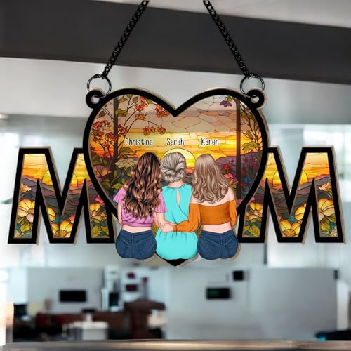 Personalized Heart-Shaped Suncatcher Window Hanging, Decorative MOM Sign with Sunset Scene