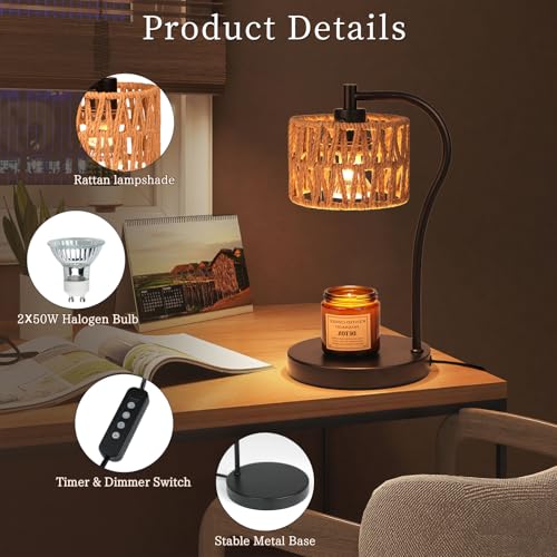 Ruiever Candle Warmer Lamp, Rattan Candle Heater with 2 Light Bulbs, Dimmable and Timer Melt Warmer for Scented Jar Candle...